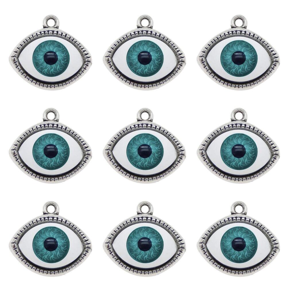 3586 42pcs Halloween Evil Eye Pendant Charm Antiqued Silver with Blue Pupil